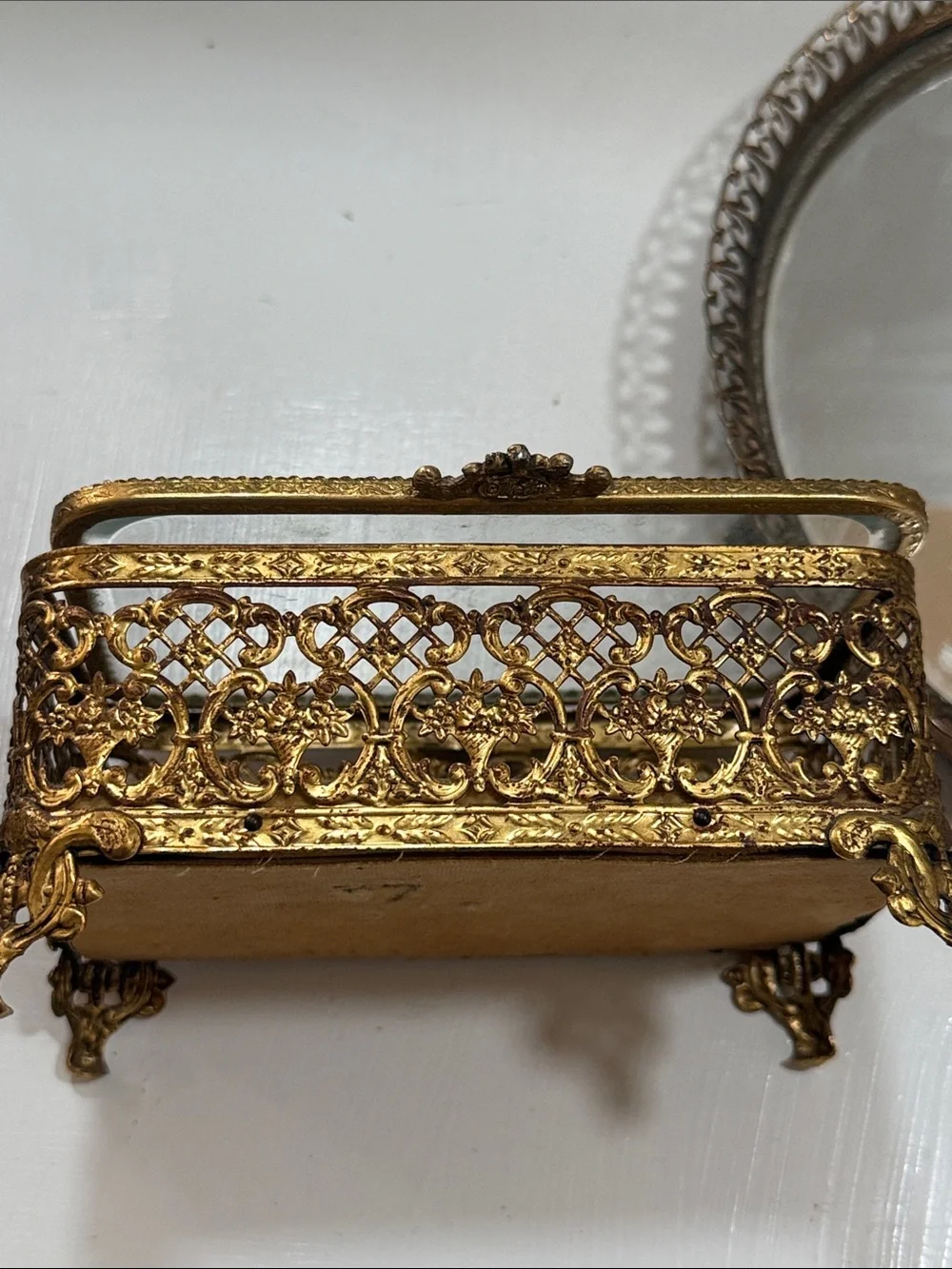 Vintage Ormolu Ornate Gold Brass Glass Jewelry Trinket Box & Round Mirrored Tray